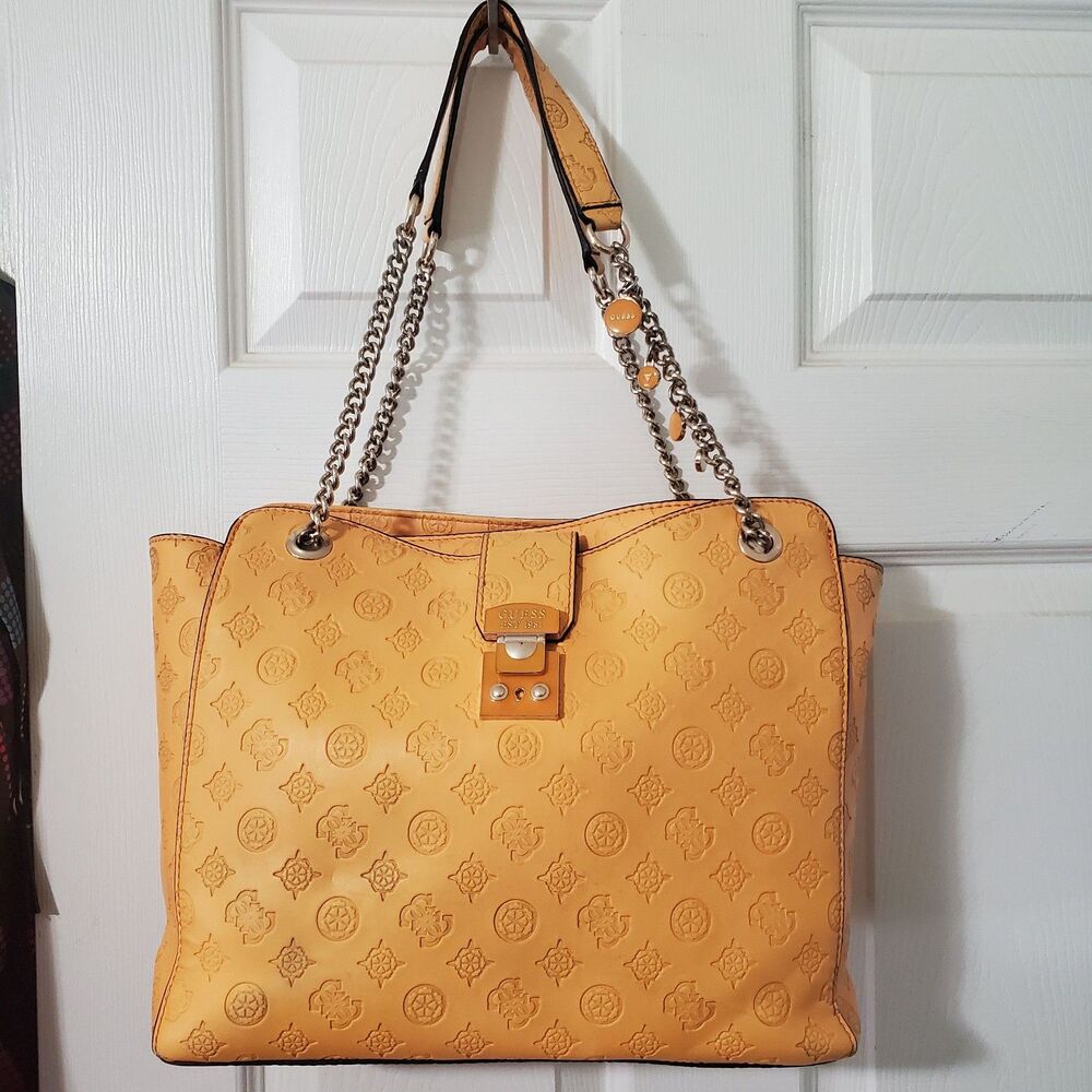 Guess Carlson Society Carryall Shoulder Bag Yellow 4G Logo Chain Y2K